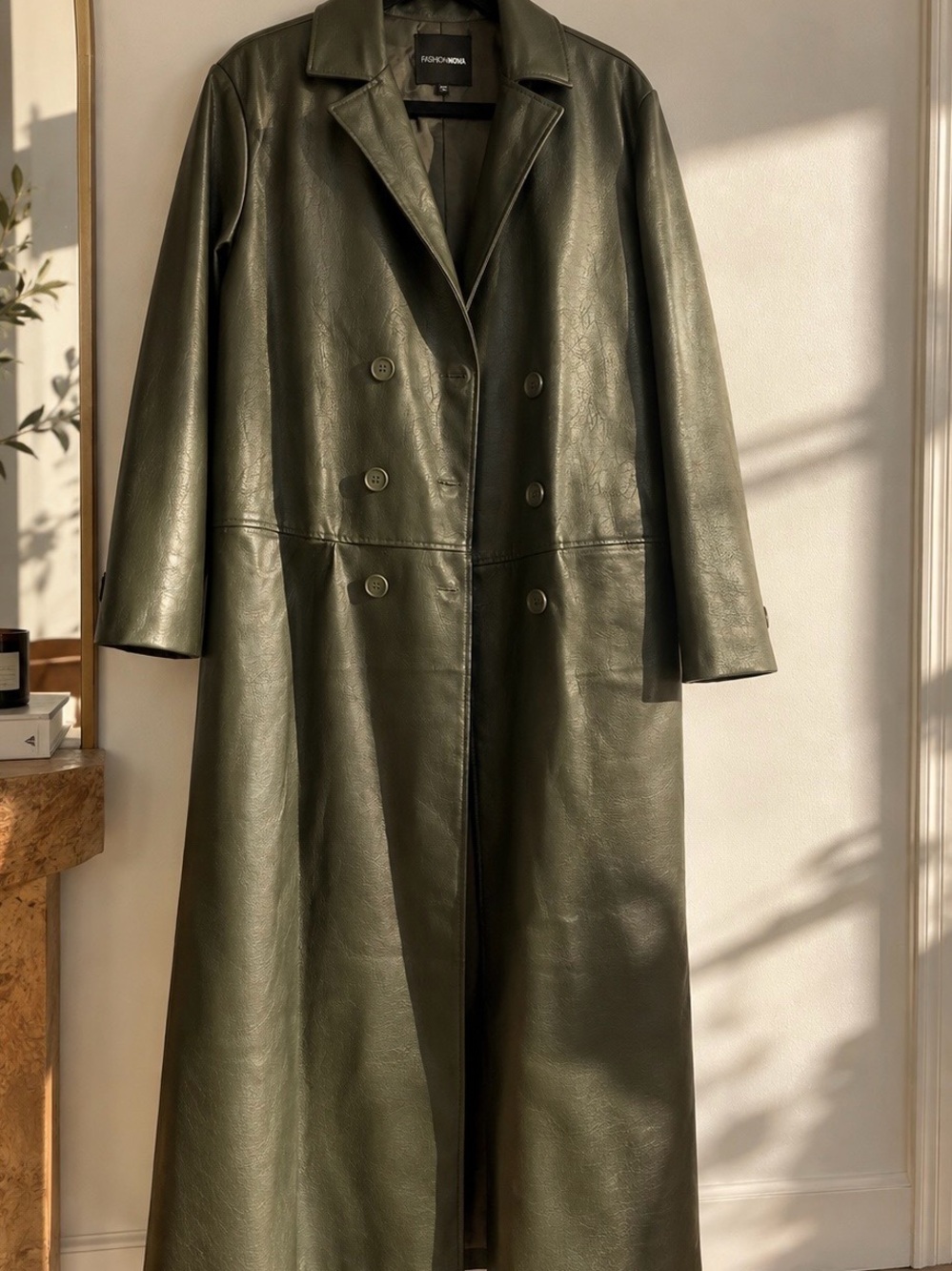 Fashion Nova Olive Green Double-Breasted Faux Leather Trench Coat